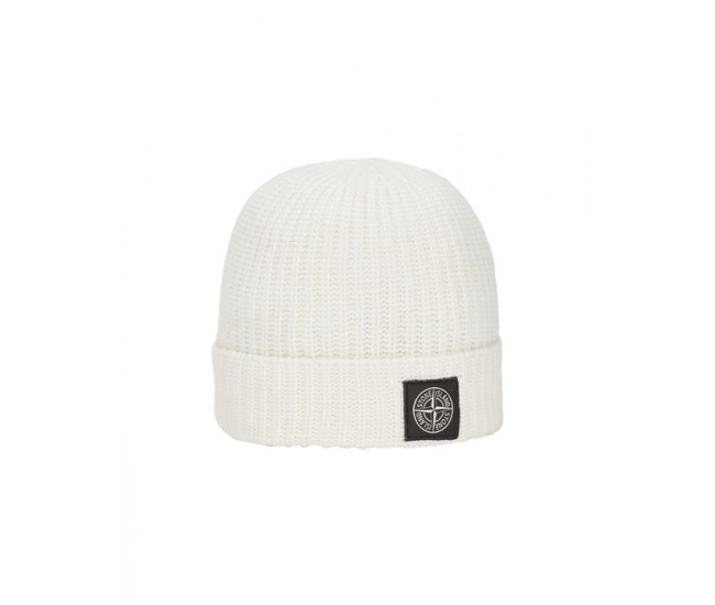 Stone Island N10B5 Beanie In Ribbed Geelong Wool Natural White